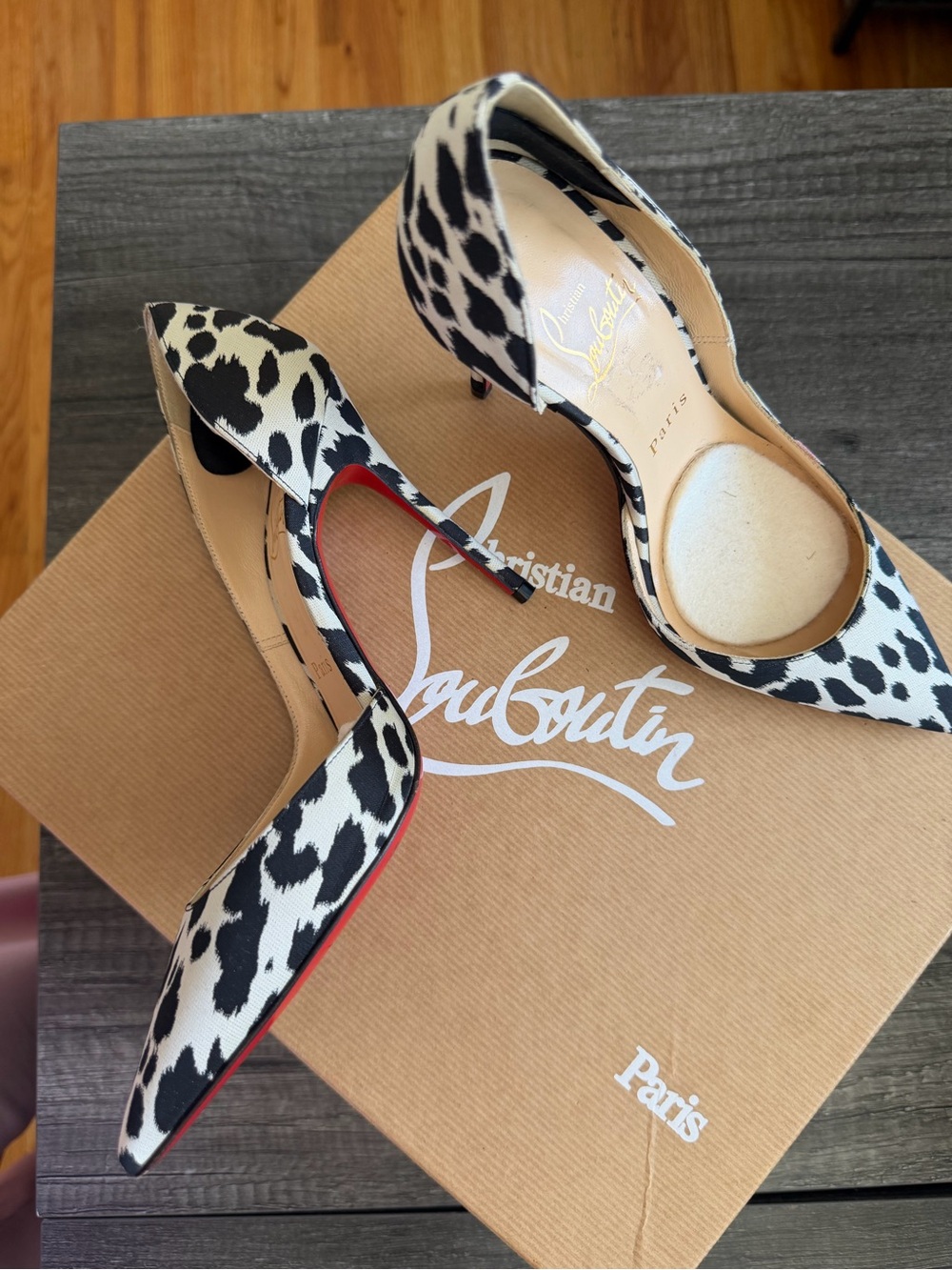 Christian Louboutin Black & White Leopard D'Orsay Pumps with Red Sole